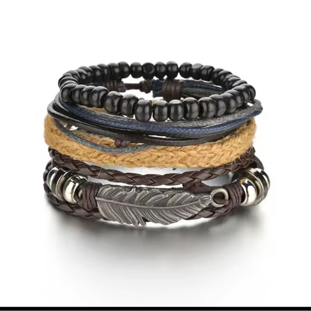 4pc Men's Bracelets Set Leather Braided Layered Feather Beaded Brown New F3‎
